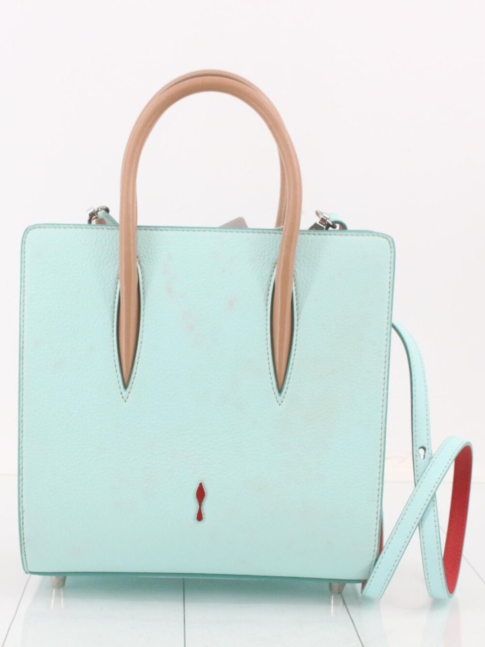 Rare Christian Louboutin Mint Green and Tan Leather Tote with Red Accent